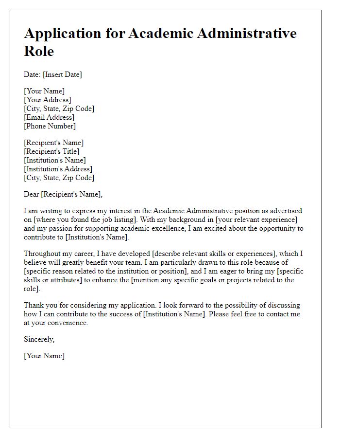 Letter template of application for academic administrative role.