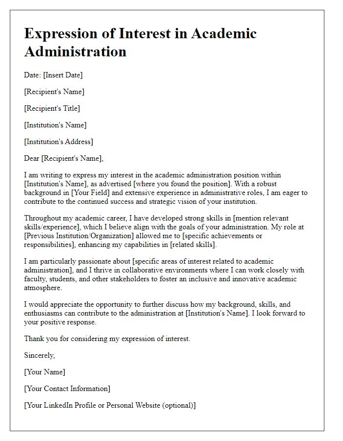 Letter template of expression of interest in academic administration.