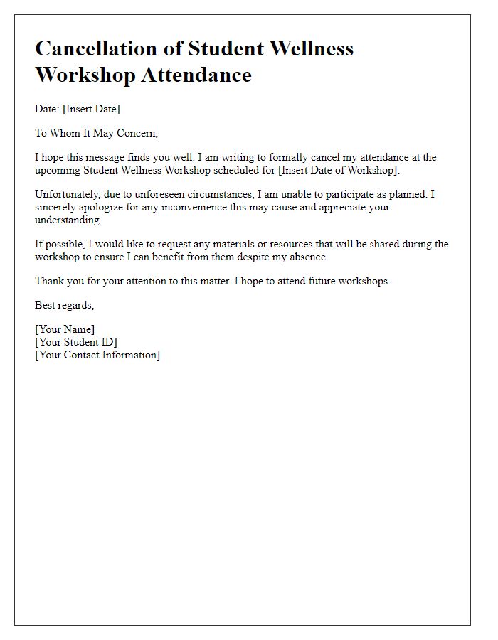 Letter template of cancellation for student wellness workshop attendance