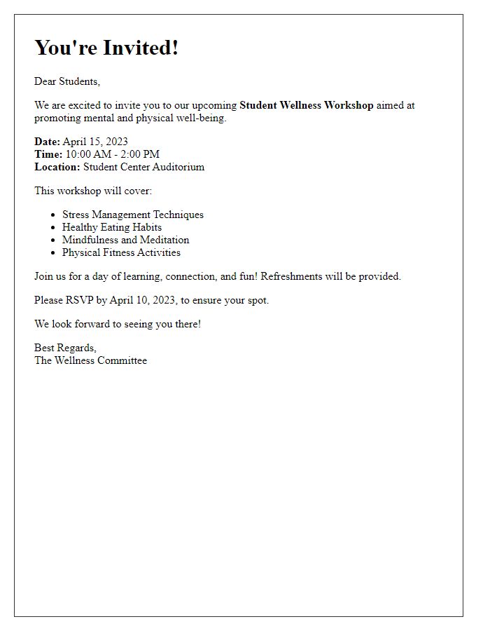 Letter template of invitation to student wellness workshop