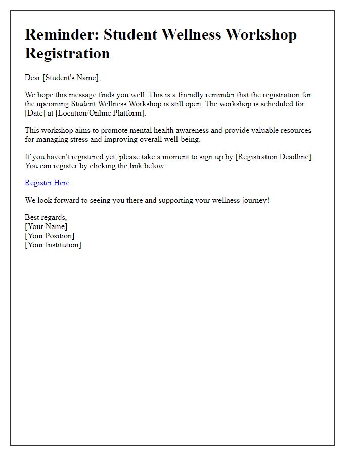 Letter template of reminder for student wellness workshop registration