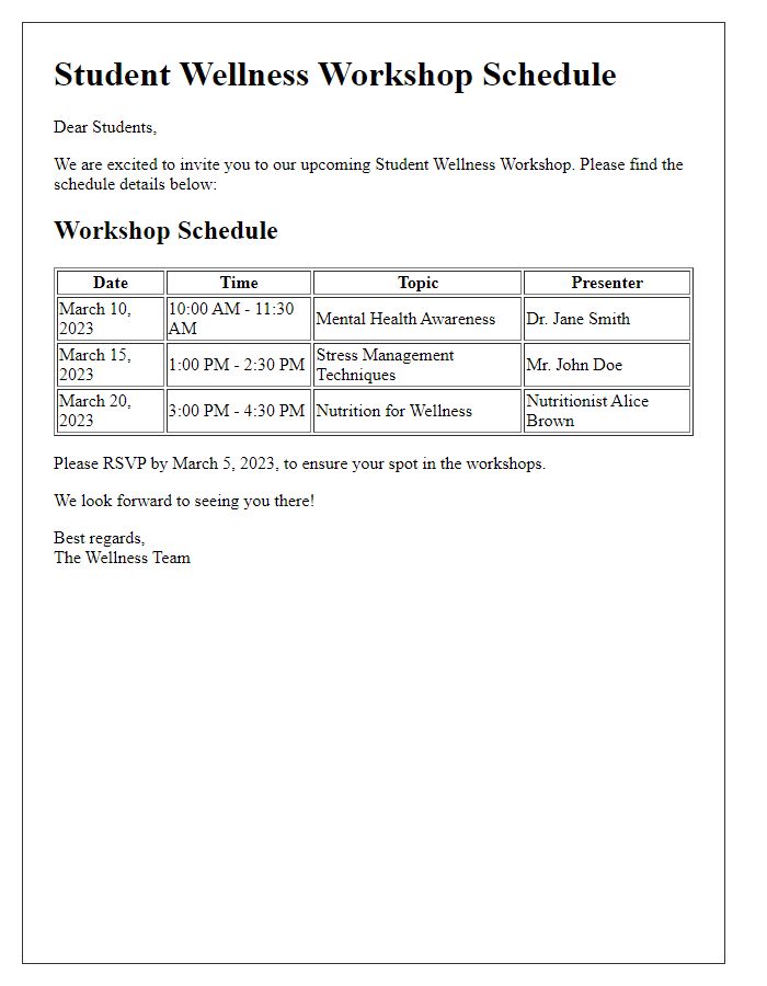 Letter template of schedule details for student wellness workshop