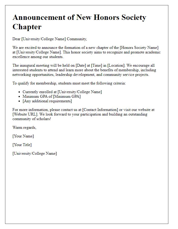 Letter template of announcement for university honors society chapter formation