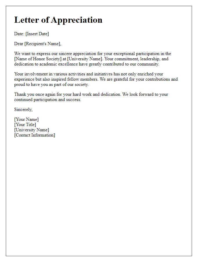 Letter template of appreciation for university honors society participation