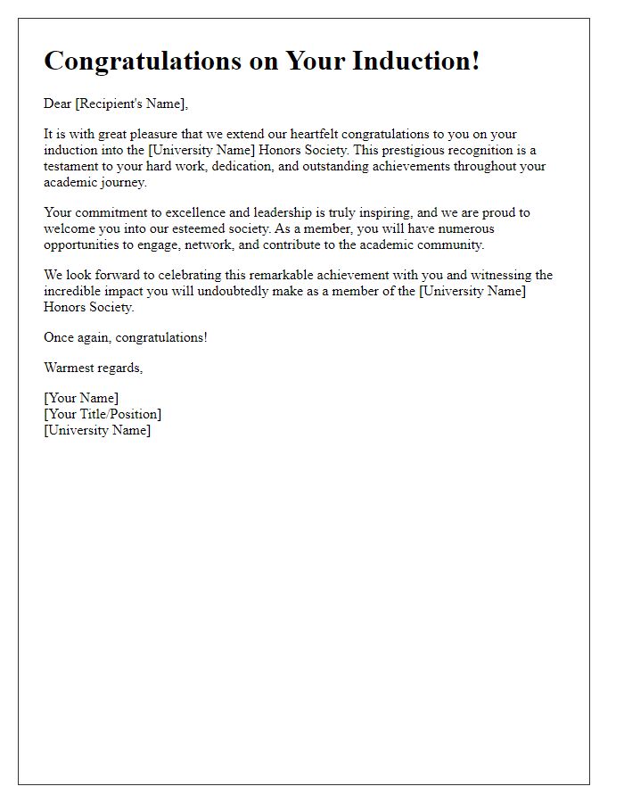 Letter template of congratulatory message for university honors society inductees