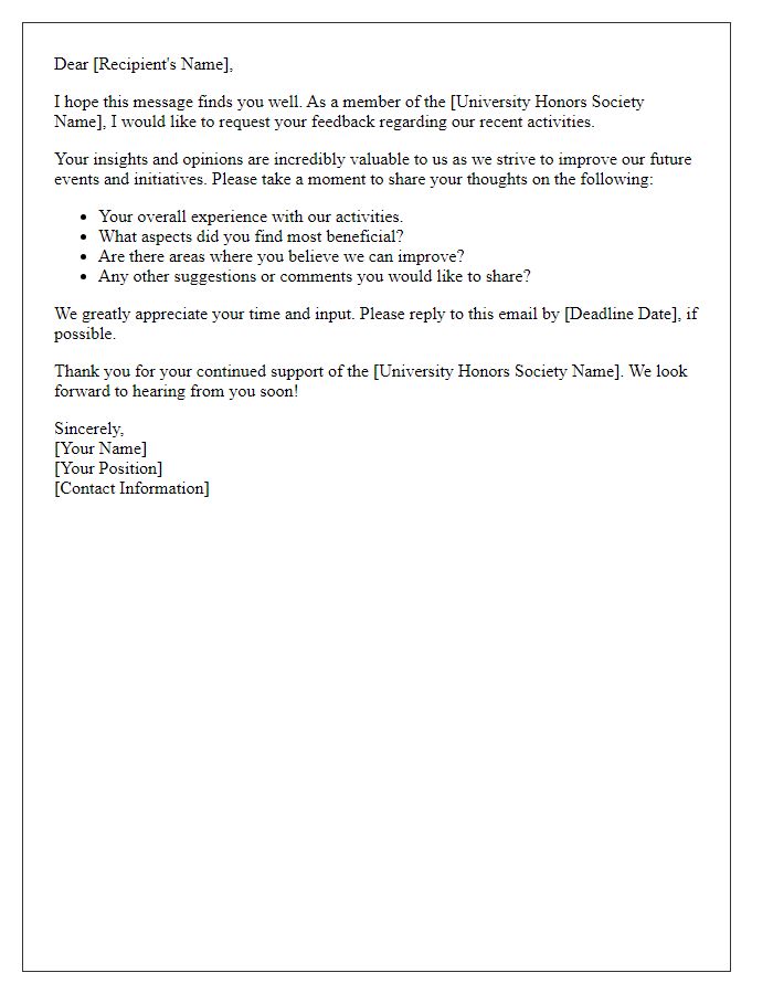 Letter template of feedback request for university honors society activities