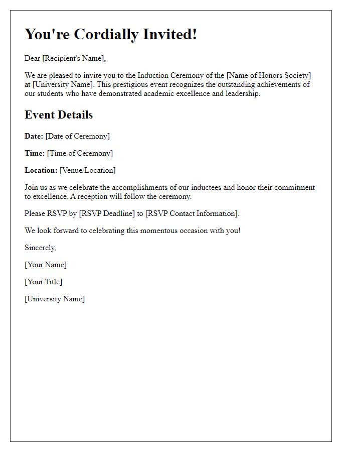 Letter template of invitation for university honors society induction ceremony