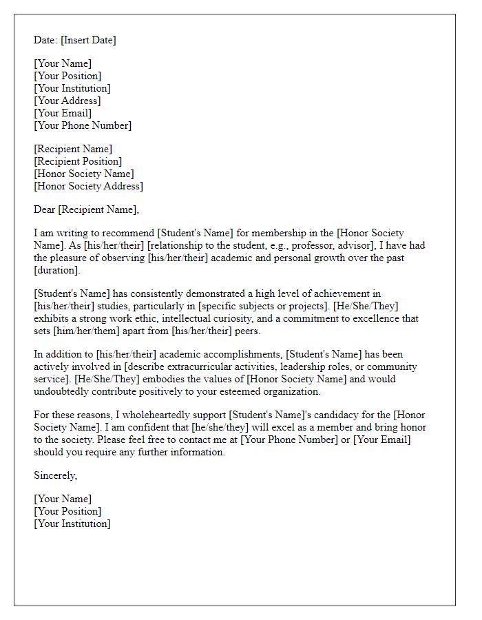 Letter template of recommendation for university honors society candidacy