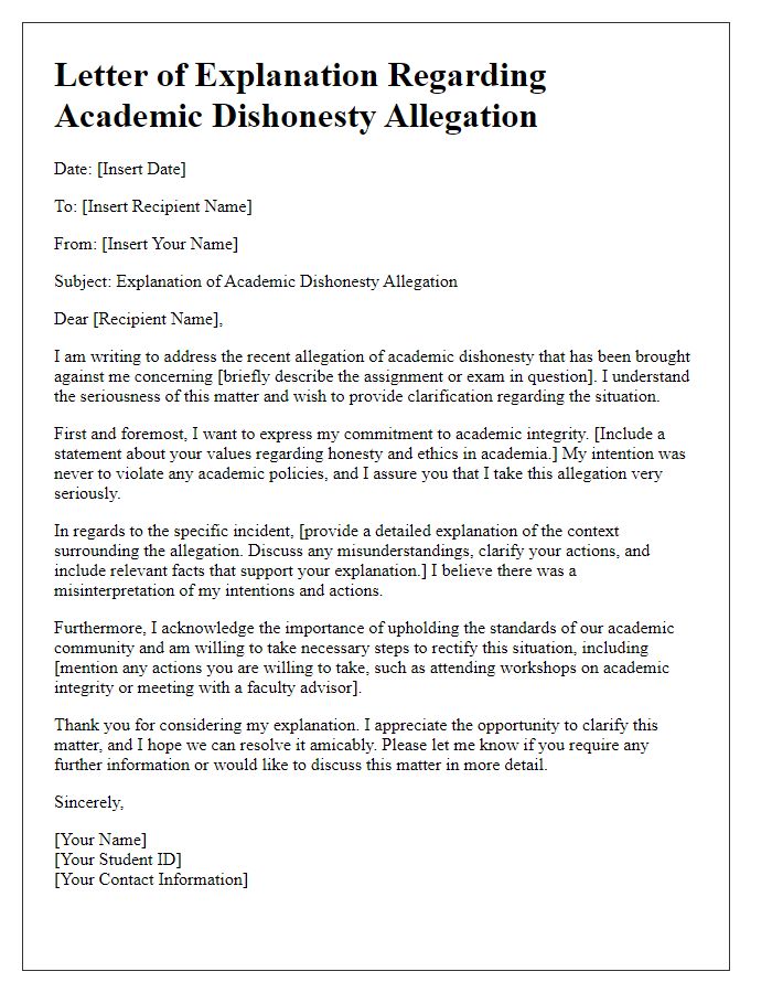 Letter template of academic dishonesty allegation explanation