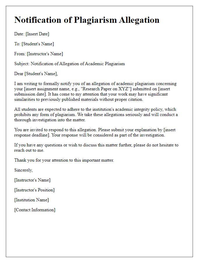 Letter template of academic plagiarism allegation notification