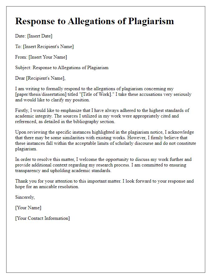 Letter template of academic plagiarism charge response