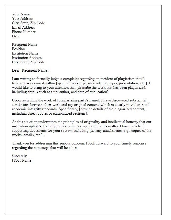 Letter template of formal complaint for plagiarism