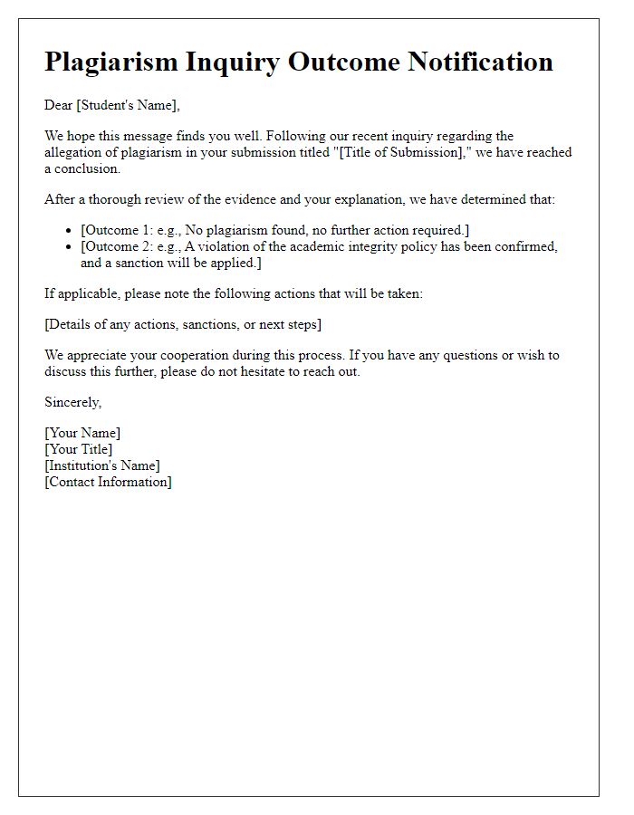 Letter template of plagiarism inquiry outcome communication