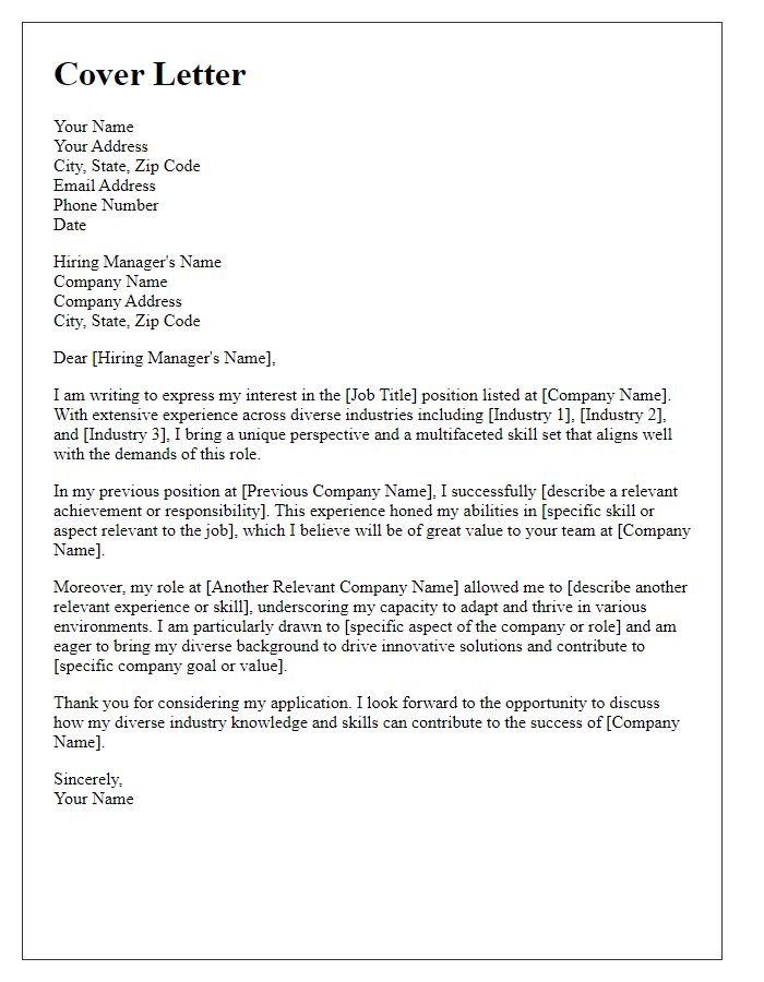 Letter template of a cover letter articulating diverse industry knowledge