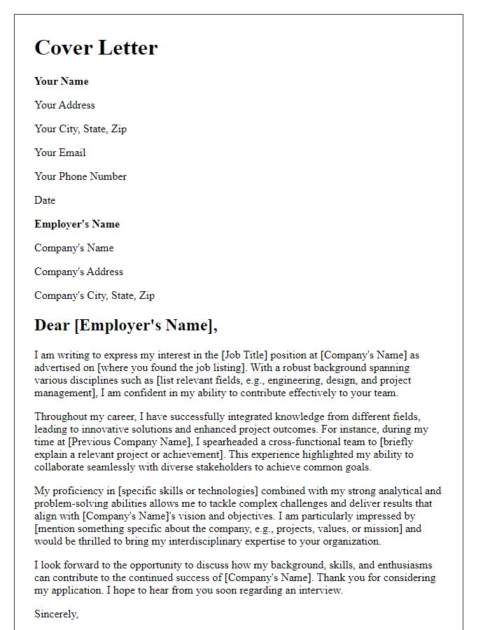 Letter template of a cover letter detailing extensive interdisciplinary expertise