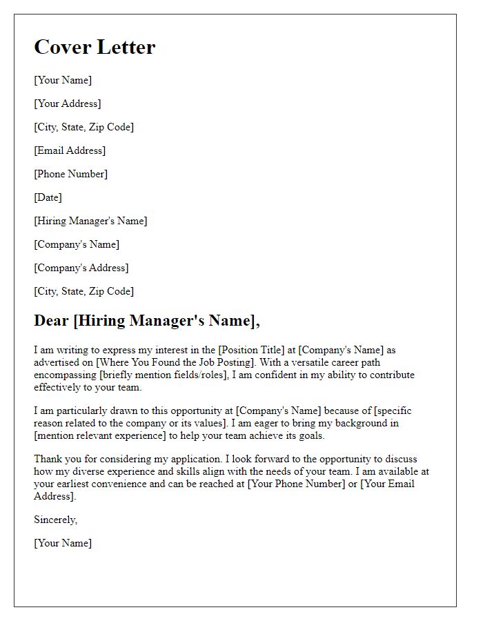 Letter template of a cover letter presenting a versatile career path