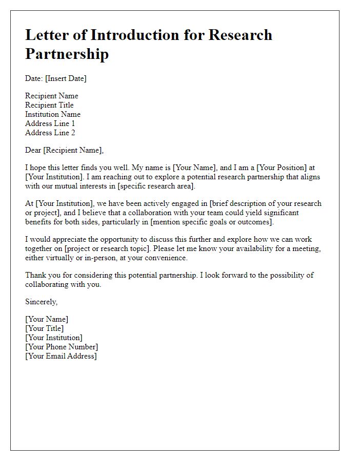 Letter template of introduction for potential research partnership