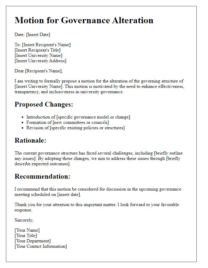 Letter template of motion for university governance alteration