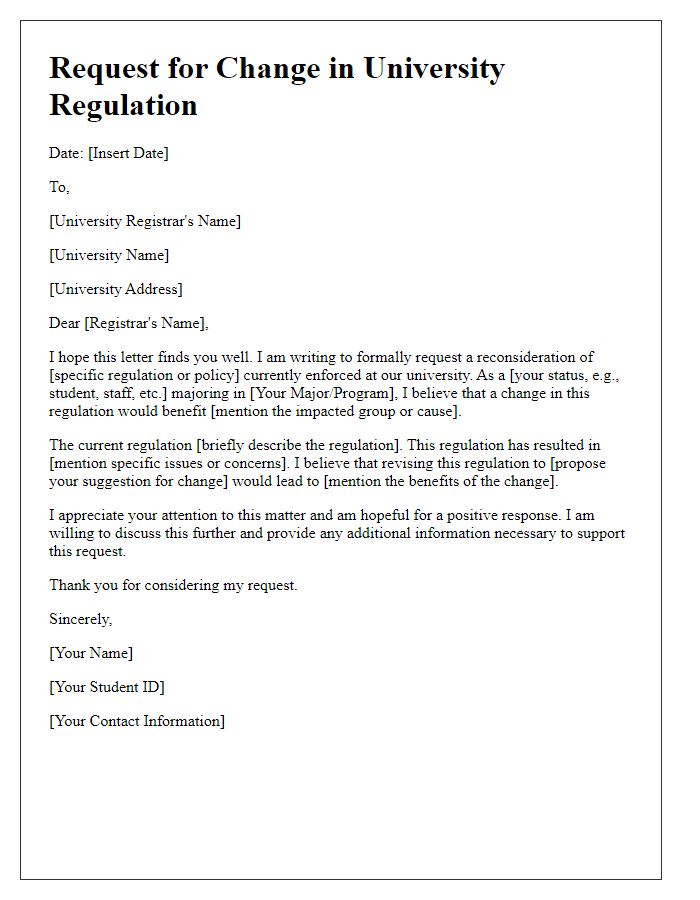 Letter template of request for university regulation change