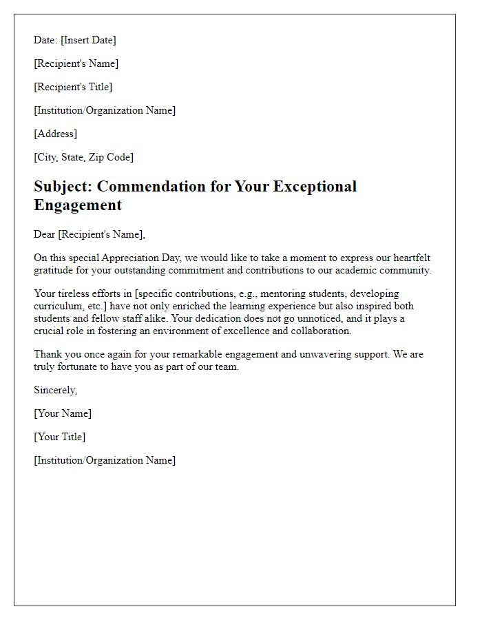 Letter template of commendation for academic staff engagement on appreciation day