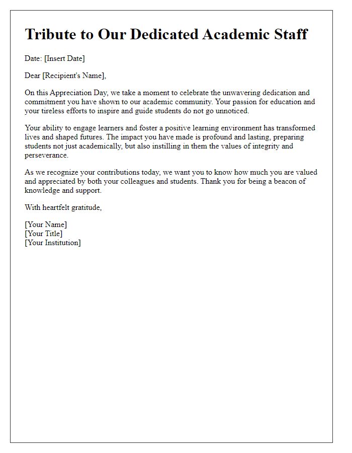 Letter template of tribute to academic staff for their dedication on appreciation day