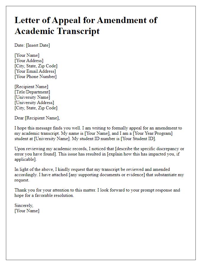 Letter template of appeal for amendment of academic transcript