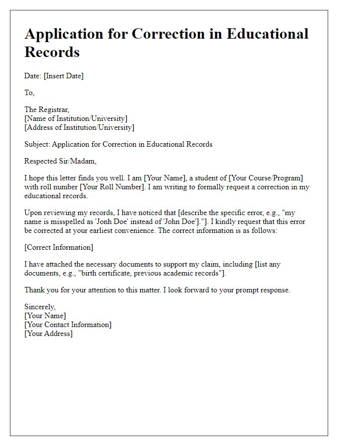 Letter template of application for correction in educational records