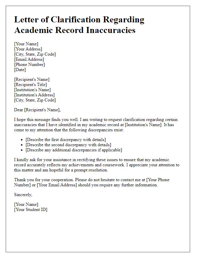 Letter template of clarification regarding academic record inaccuracies