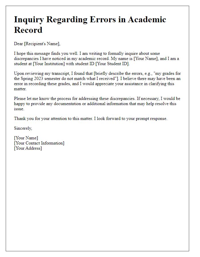 Letter template of inquiry regarding errors in my academic record