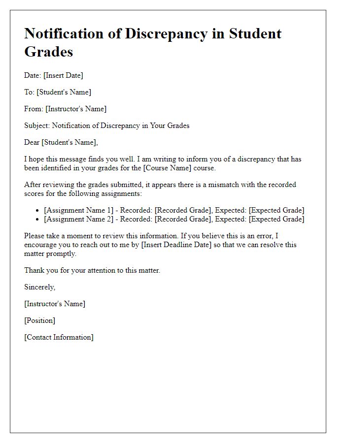 Letter template of notification for discrepancy in student grades