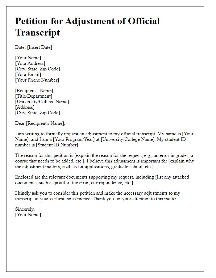 Letter template of petition for adjustment of official transcript