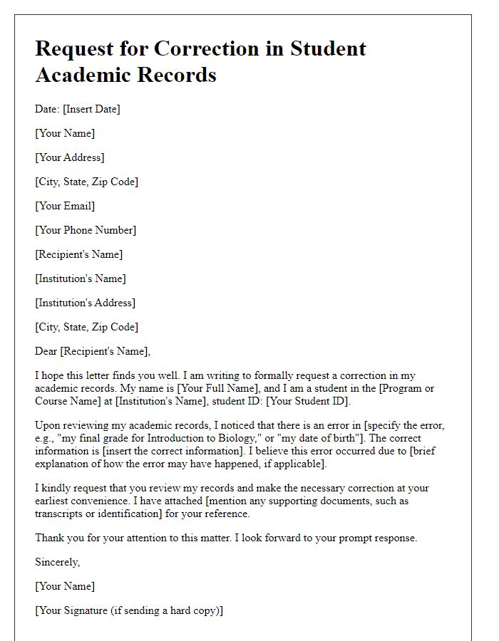 Letter template of request for correction in student academic records