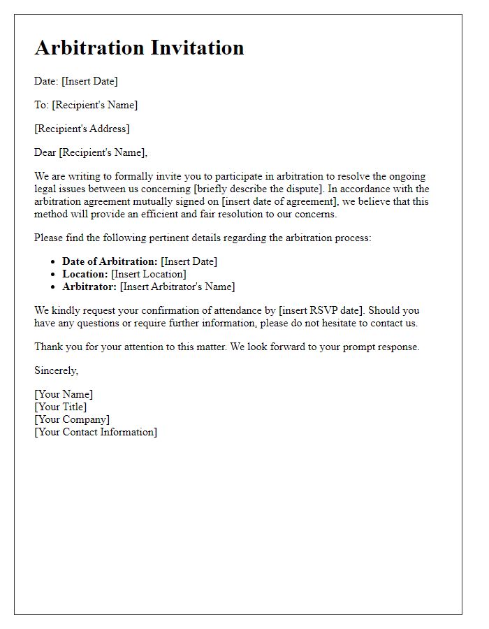 Letter template of arbitration invitation for legal issues