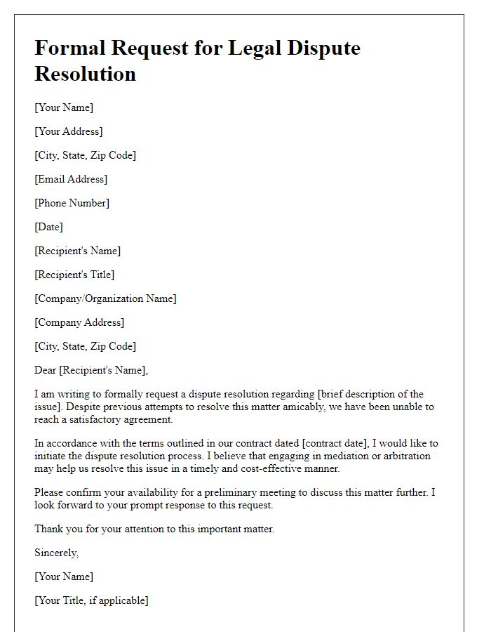 Letter template of formal request for legal dispute resolution
