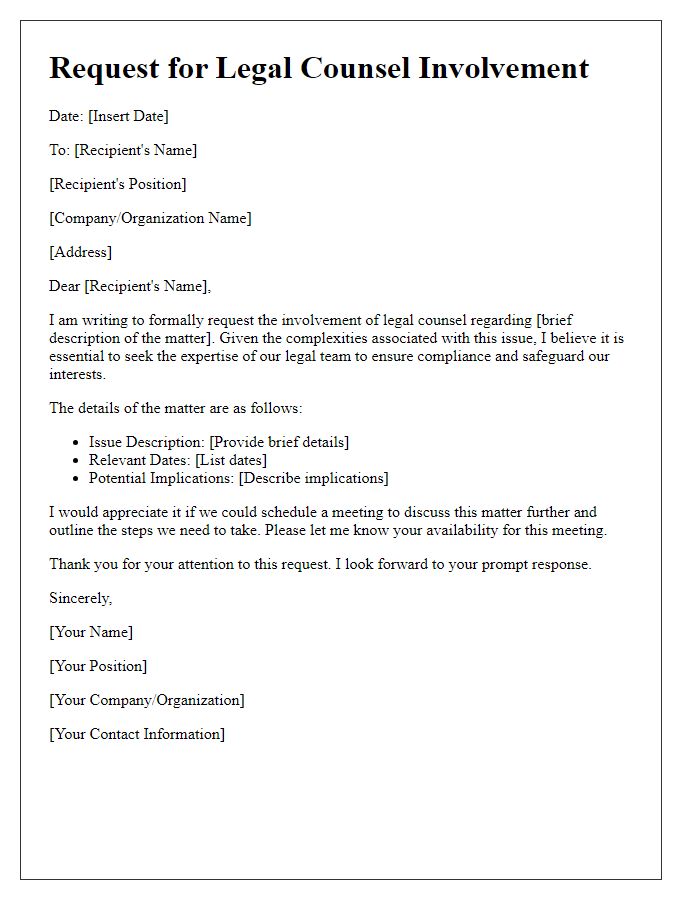 Letter template of legal counsel's involvement request