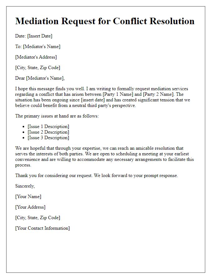 Letter template of mediation request for conflict resolution