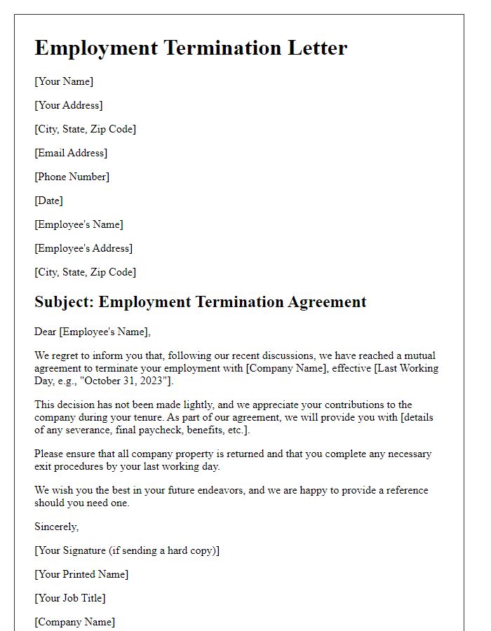 Letter template of employment termination following a mutual agreement