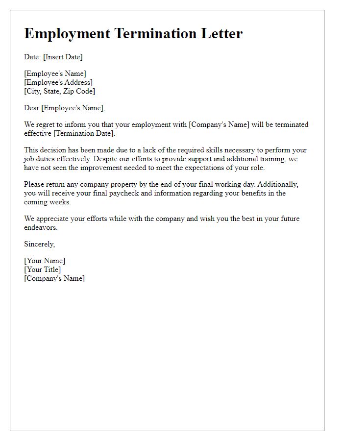 Letter template of employment termination for lack of required skills