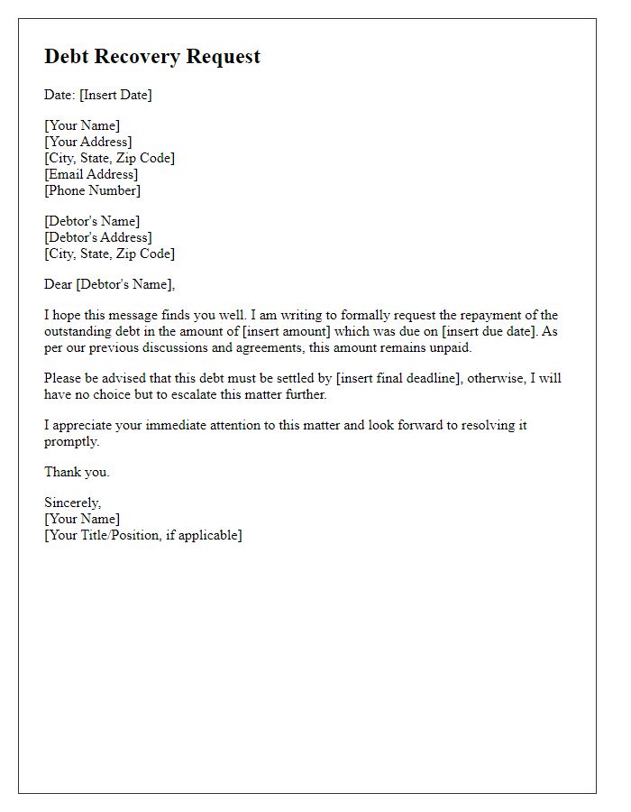 Letter template of formal debt recovery request