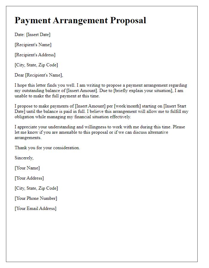 Letter template of payment arrangement proposal