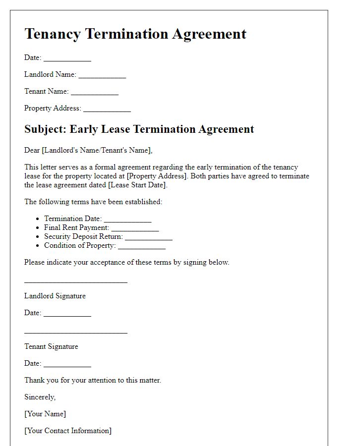 Letter template of tenancy termination agreement for early lease termination