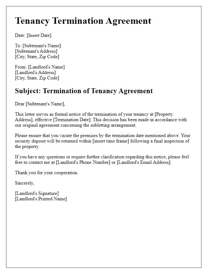 Letter template of tenancy termination agreement for subletting arrangements