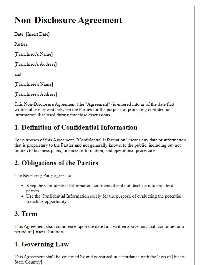 Letter template of Non-Disclosure Agreement for Franchise Discussions