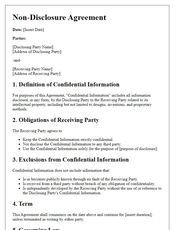 Letter template of Non-Disclosure Agreement for Intellectual Property Protection