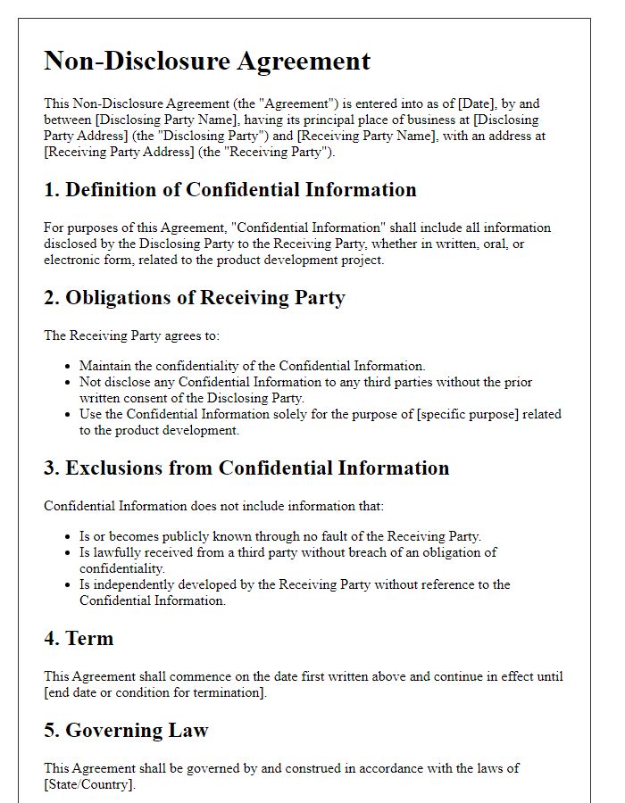 Letter template of Non-Disclosure Agreement for Product Development