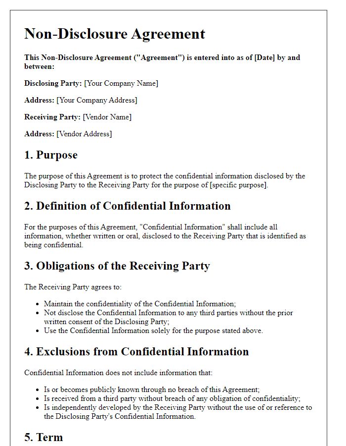 Letter template of Non-Disclosure Agreement for Vendor Management