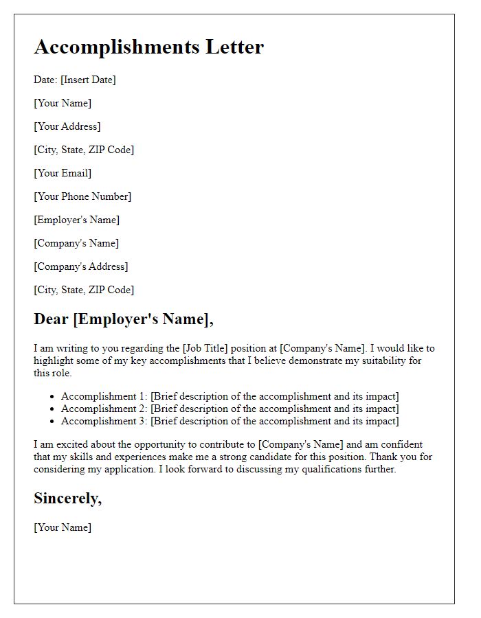 Letter template of accomplishments for job application.