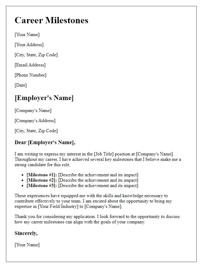 Letter template of career milestones for job application.