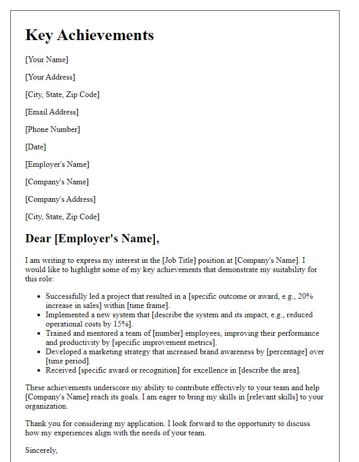 Letter template of key achievements for job application.