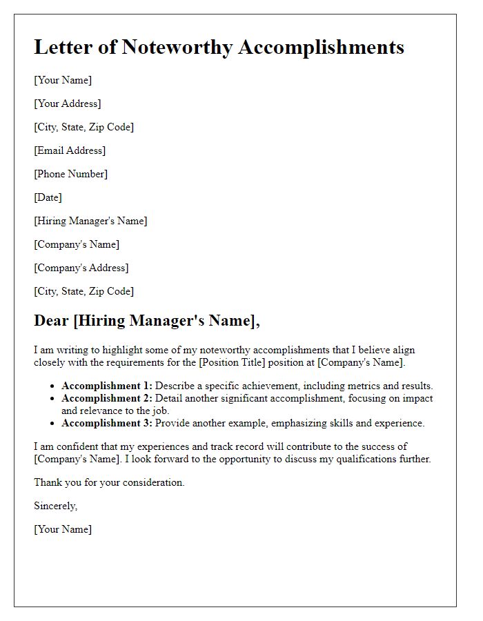 Letter template of noteworthy accomplishments for job application.